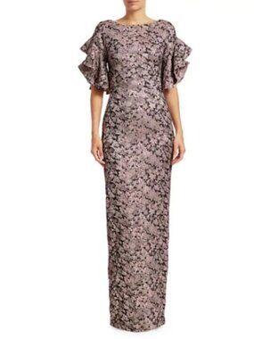 Theia Dusty Rose Brocade Ruffle Gown